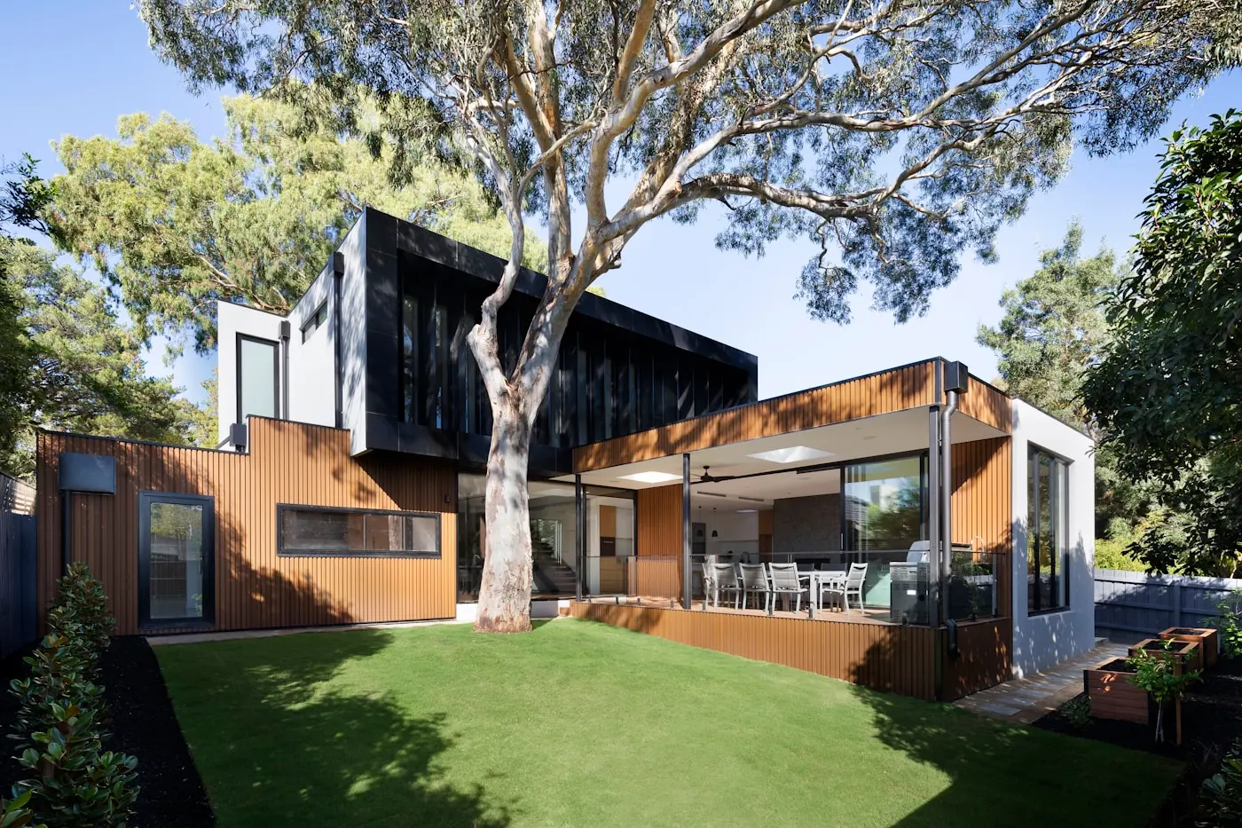 Warm modern residential interior with custom millwork